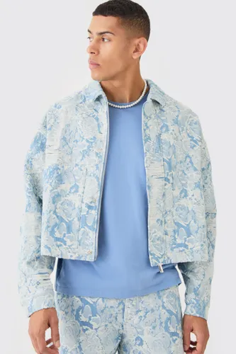 Men's Boxy Fit Fabric Interest Distressed Denim Jacket - Blue - L, Blue