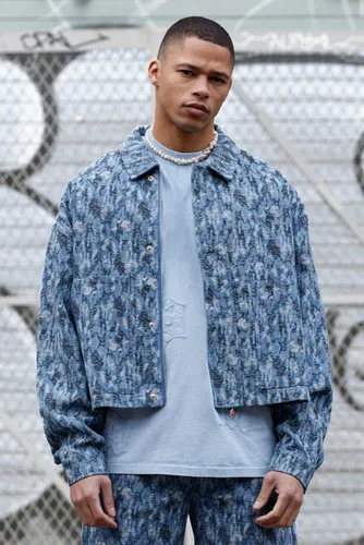Men's Boxy Fit Fabric Interest Distressed Denim Jacket - Blue - S, Blue