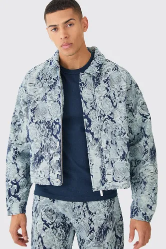 Men's Boxy Fit Fabric Interest Distressed Denim Jacket - Blue - S, Blue