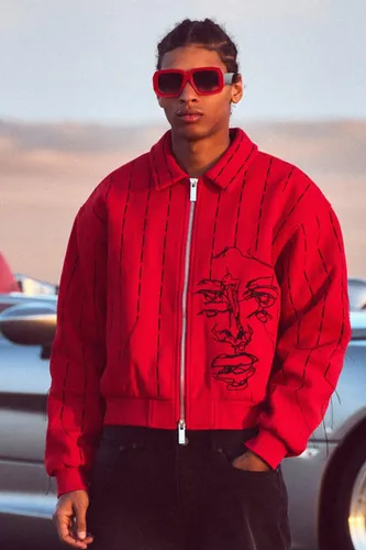 Mens Boxy Fit Face Embroidered Bomber, Red