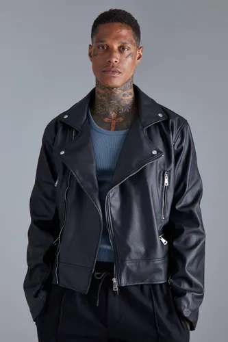 Men's Boxy Fit Faux Leather Biker Jacket - Black - S, Black