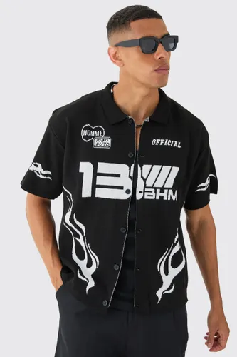 Men's Boxy Fit Knitted Moto Shirt - Black - L, Black