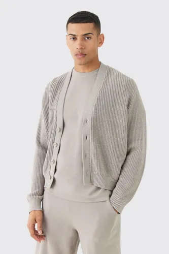 Men's Boxy Fit Ribbed Fisherman Knit Cardigan - Grey - S, Grey