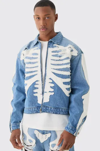 Mens Boxy Fit Skeleton Applique Distressed Denim Jacket In Light Blue, Blue