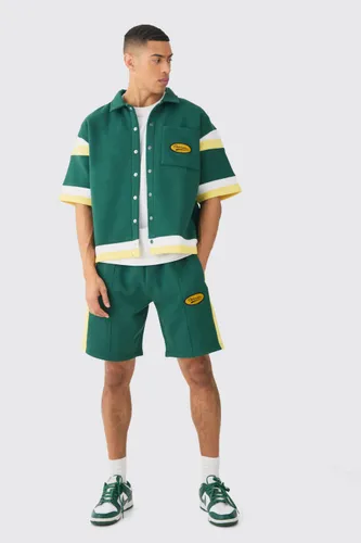 Men's Boxy Fit Varsity Shirt Short Tracksuit - Green - L, Green