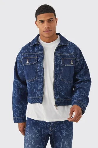 Men's Boxy Fit Zip Through Laser Print Denim Jacket - Blue - L, Blue