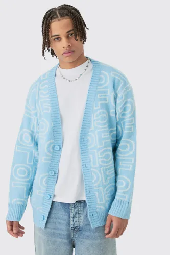Mens Boxy Fluffy Branded Knitted Cardigan In Blue, Blue
