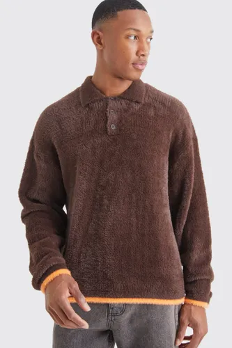 Men's Boxy Fluffy Knitted Polo With Tipping - Brown - S, Brown
