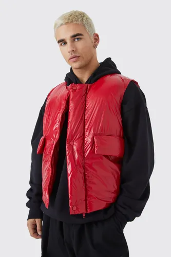 Men's Boxy High Shine Padded Gilet - Red - L, Red