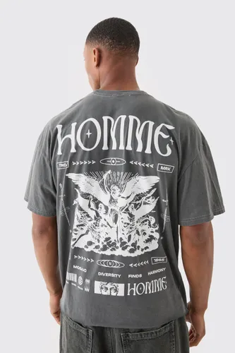 Men's Boxy Homme Renaissance Back Print Washed T-Shirt - Grey - S, Grey