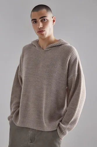 Men's Boxy Knitted Ribbed Hoodie - Beige - S, Beige