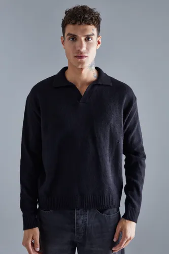 Men's Boxy Long Sleeve Knitted Revere Polo - Black - Xl, Black
