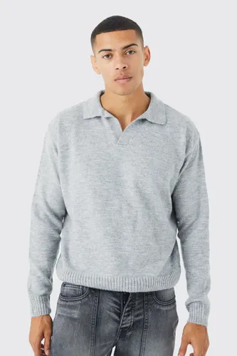 Men's Boxy Long Sleeve Knitted Revere Polo - Grey - Xl, Grey