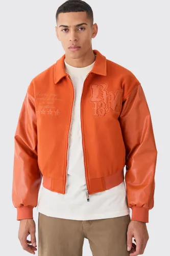 Men's Boxy Melton & Pu Collared Varsity Jacket - Orange - S, Orange