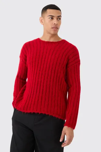 Mens Boxy Open Stitch Ladder Detail Jumper In Red, Red