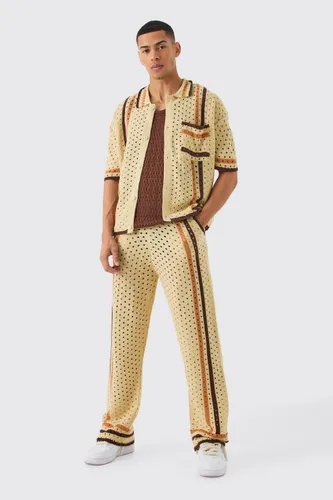 Men's Boxy Open Stitch Polo Trouser Knitted Set - Beige - S, Beige