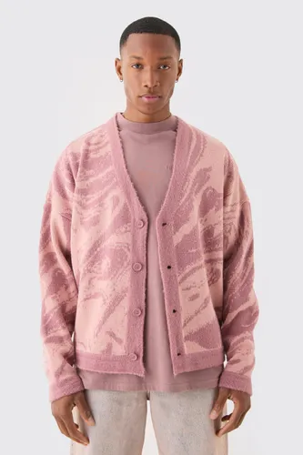 Men's Boxy Oversized Brushed Abstract All Over Cardigan - Pink - S, Pink