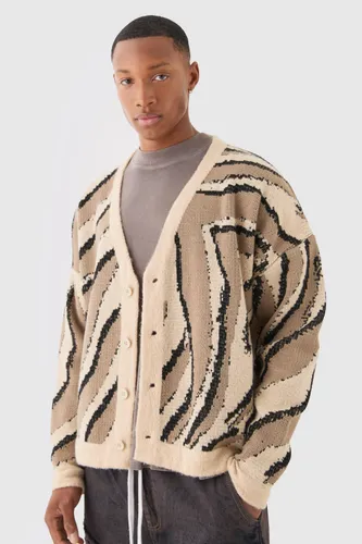 Men's Boxy Oversized Brushed Abstract All Over Jacquard Cardigan - Beige - S, Beige