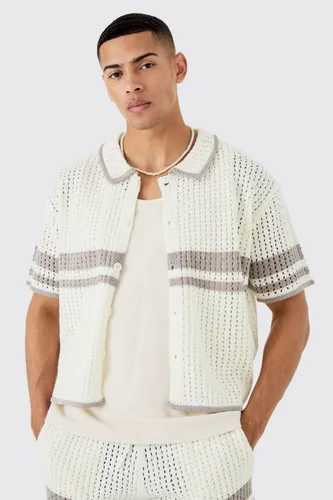 Men's Boxy Oversized Open Stitch Statement Stripe Knit Shirt - Beige - S, Beige