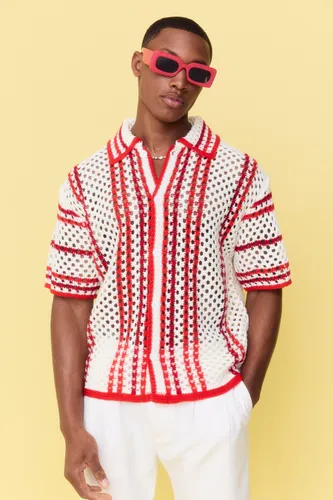 Men's Boxy Oversized Open Stitch Stripe Knit Shirt - White - S, White