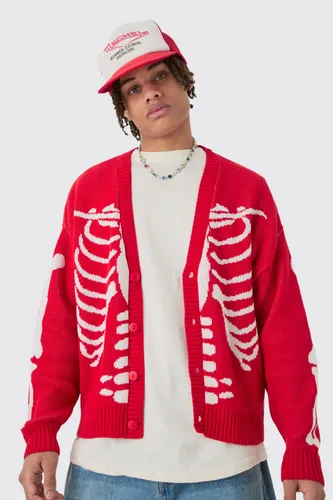 Men's Boxy Oversized Skeleton Jacquard Cardigan - Red - S, Red