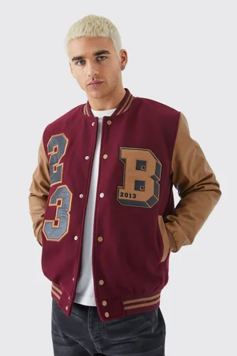 Men's Boxy Pu Contrast Sleeve Badge Varsity Jacket - Red - M, Red