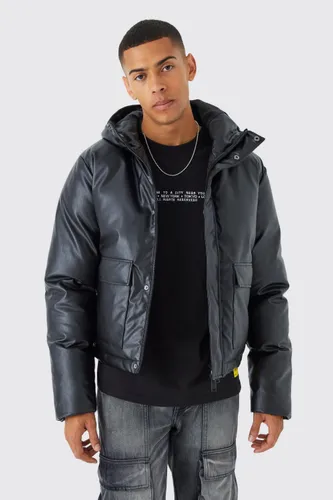 Men's Boxy Pu Hooded Puffer With Pockets - Black - M, Black