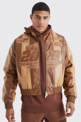 Men's Boxy Pu Panelled Applique Moto Jacket - Brown - L, Brown