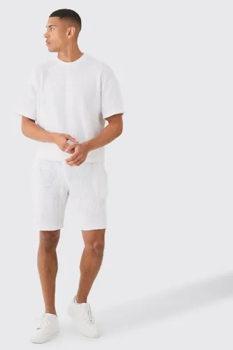 Men's Boxy Ripple Pleated T-Shirt And Short - White - S, White