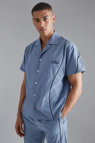 Men's Boxy Smart Piping Embroidered Shirt - Blue - M, Blue