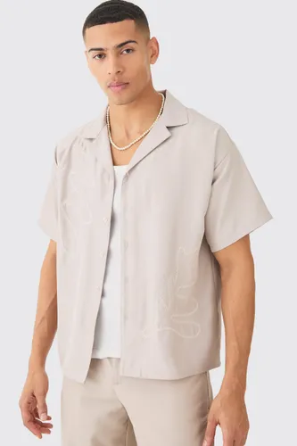 Men's Boxy Soft Twill Cartoon Leaf Embroidered Shirt - Grey - L, Grey