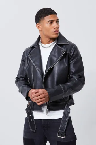Men's Boxy Vintage Pu Biker Jacket - Black - S, Black