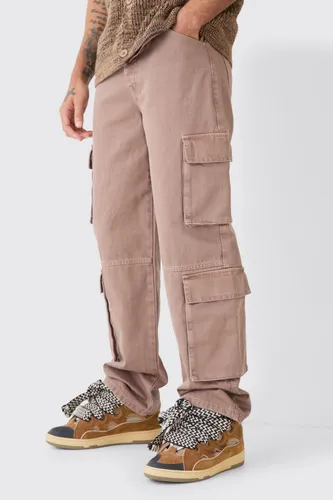Mens Brown Baggy Rigid Overdyed Multi Cargo Jeans, Brown