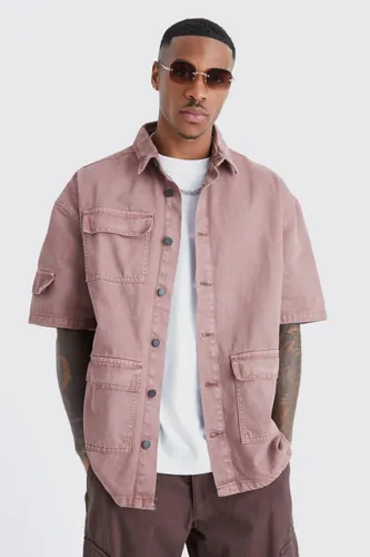 Mens Brown Boxy Fit Overdyed Denim Cargo Shirt, Brown