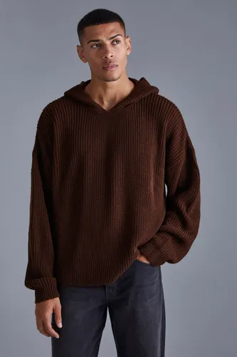 Mens Brown Boxy Knitted Ribbed Hoodie, Brown