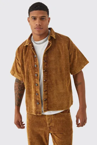 Mens Brown Boxy Short Sleeve Acid Wash Cord Shirt, Brown