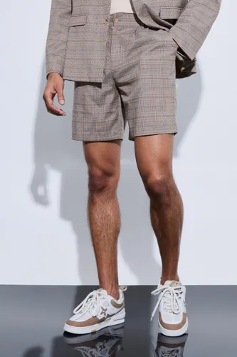 Mens Brown Check Oversized Tailored Shorts, Brown