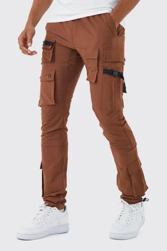 Mens Brown Elasticated Waist Slim Multi Cargo Strap Trouser, Brown