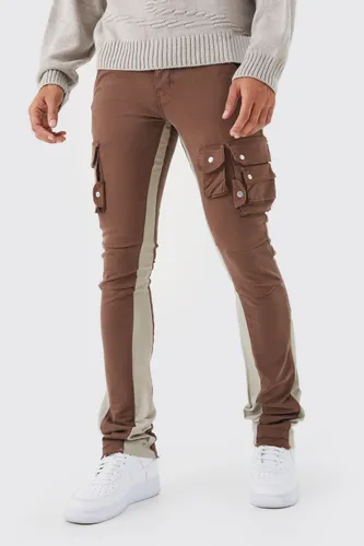 Mens Brown Fixed Waist Skinny Stacked Flare 3d Cargo Trouser, Brown