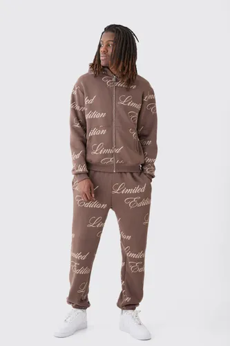 Mens Brown Limited Edition Script All Over Print Zip Hooded Tracksuit, Brown
