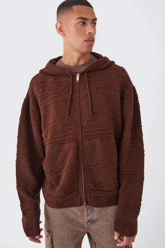 Mens Brown Oversized 3d Jacqaurd Knitted Zip Through Hoodie, Brown