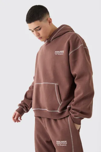 Mens Brown Oversized Boxy Worldwide Contrast Stitch Hoodie, Brown