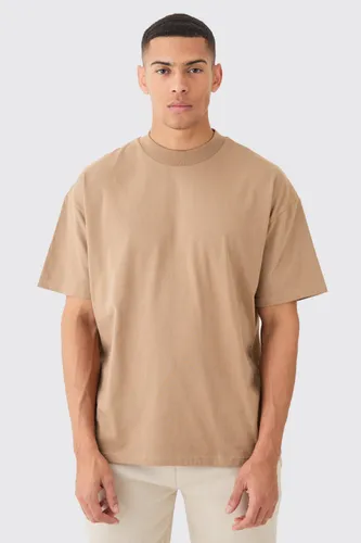 Mens Brown Oversized Extended Neck Heavyweight T-shirt, Brown