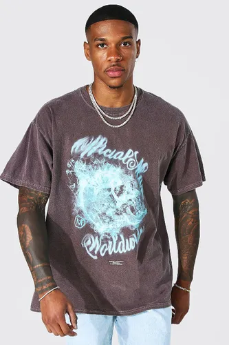 Mens Brown Oversized Overdyed Skull Graphic T-shirt, Brown