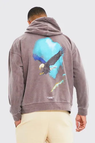 Mens Brown Oversized Washed Eagle Graphic Hoodie, Brown