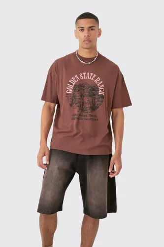 Mens Brown Oversized Washed Golden State Ranch T-shirt, Brown