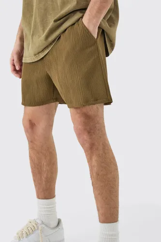 Mens Brown Pleated Drawcord Shorts, Brown