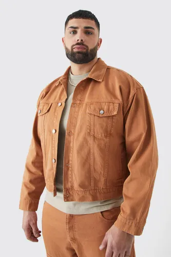 Mens Brown Plus Boxy Fit Overdyed Denim Jacket, Brown