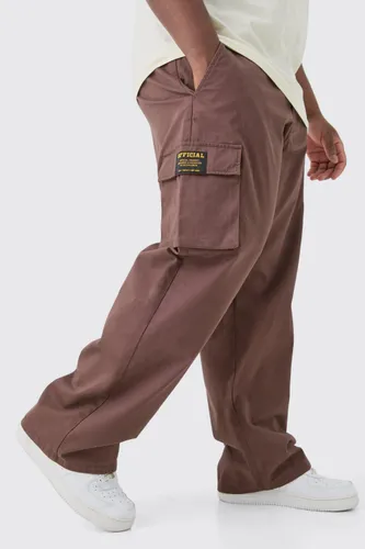 Mens Brown Plus Fixed Waist Twill Relaxed Fit Cargo Tab Trouser, Brown