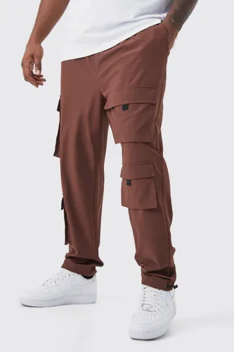 Mens Brown Plus Slim Multi Pocket Cargo Stretch Trouser, Brown